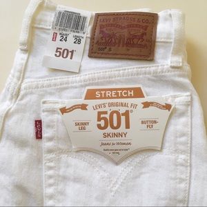 Levi’s White 501 High Rise Skinny Jeans 24 X 28